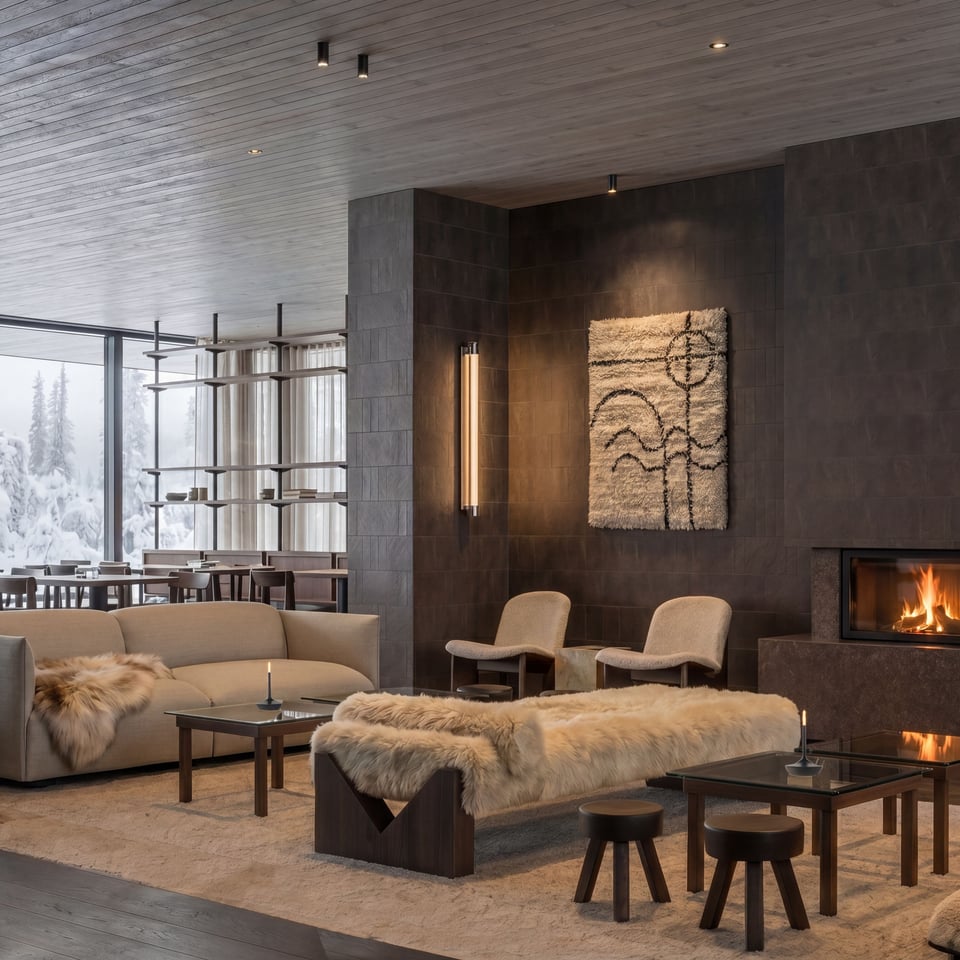 A fireside lounge villa at Halo Igloos